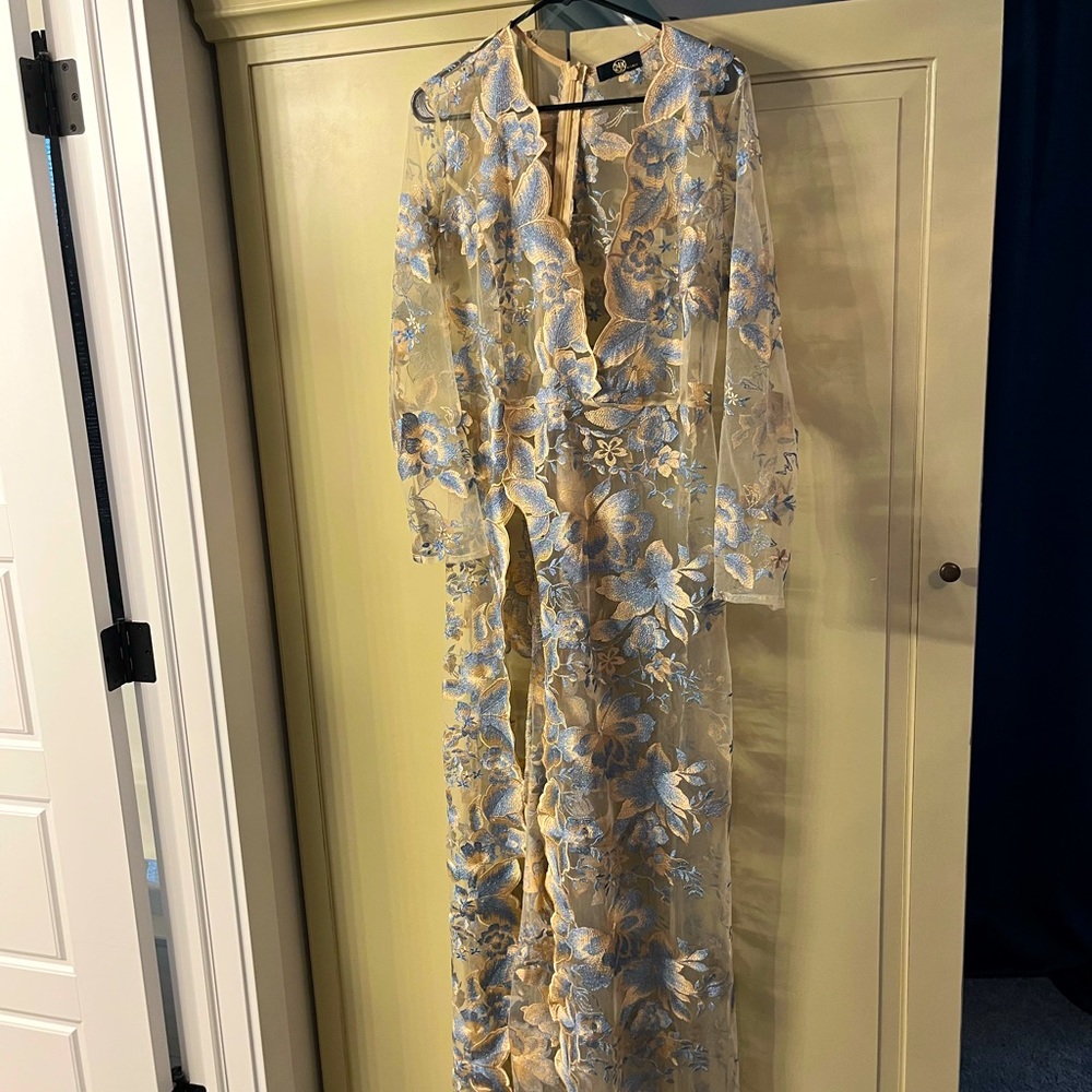 Sheer maxi dress with slit. Gorgeous champagne and blue floral lace.